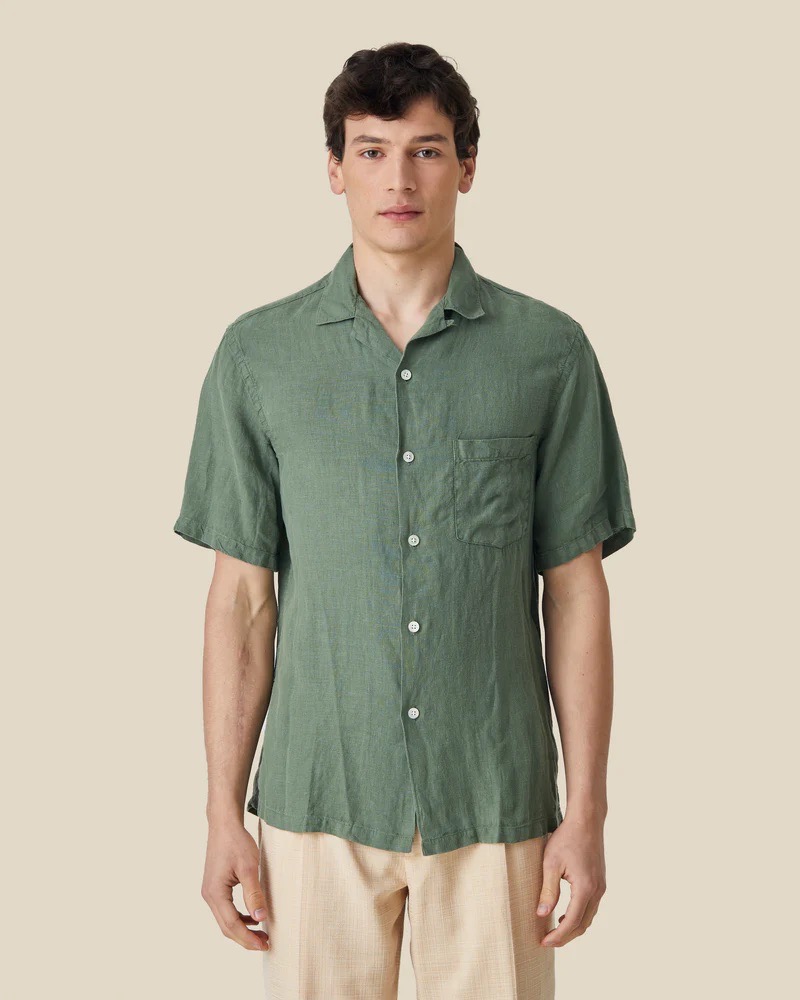 Chemise Short Sleeve Linen Camp Collar Green Portuguese Flannel
