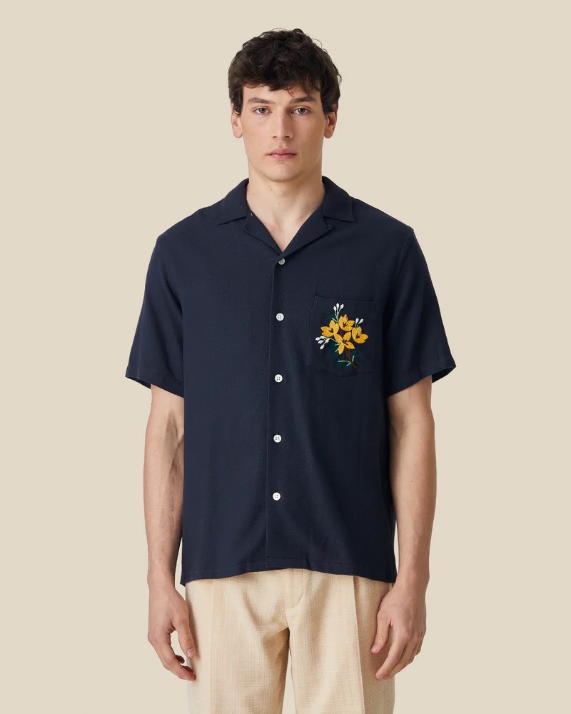 Chemise Short Sleeve Pique Embroidery Navy Portuguese Flannel