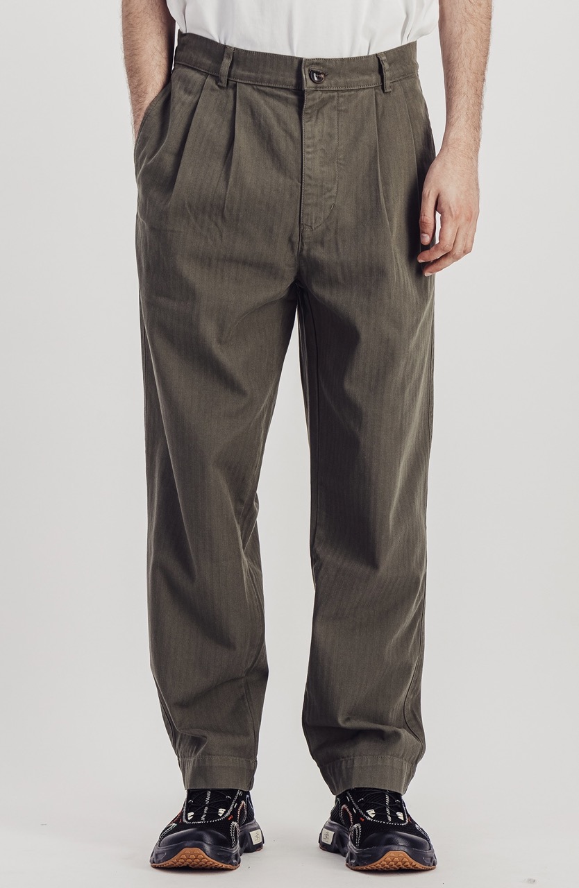 Pantalon Double Pleats Herringbone Kaki PARAGES