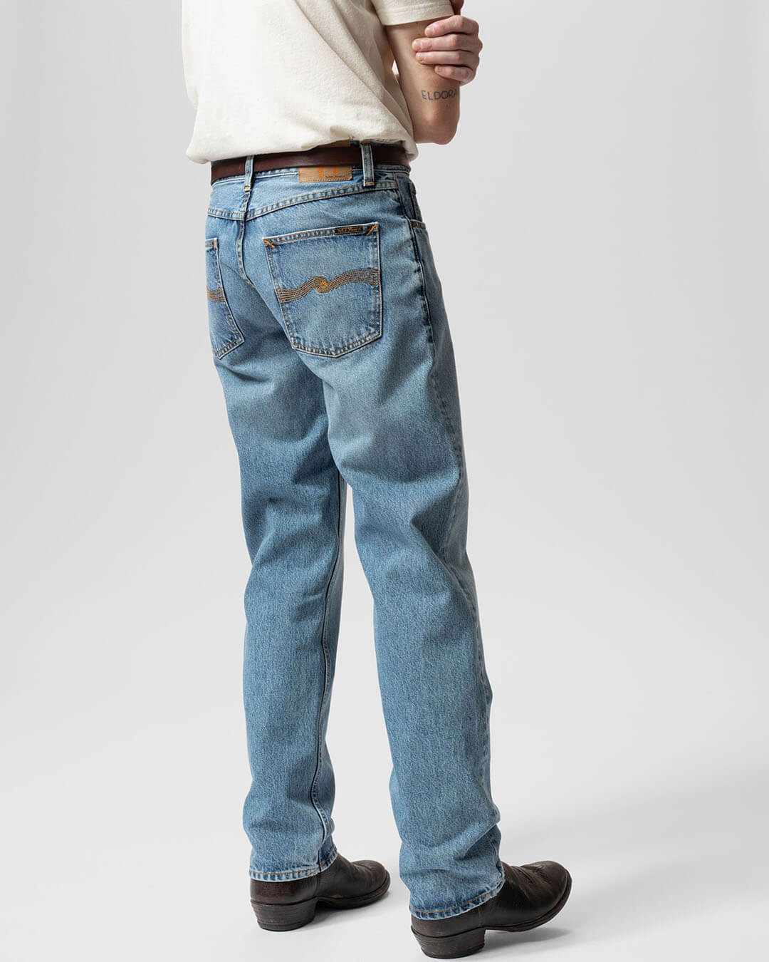 Jean Nudie Jeans Rad Rufus Indigo Blues en coton organique, coupe droite taille haute, indigo vintage