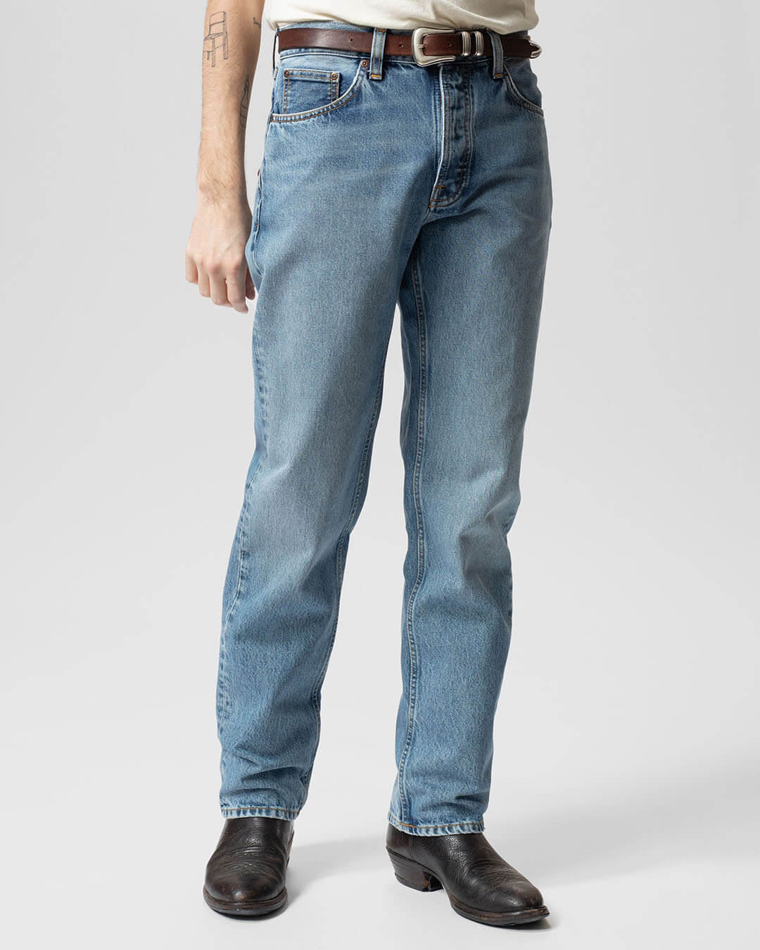 Jean Nudie Jeans Rad Rufus Indigo Blues en coton organique, coupe droite taille haute, indigo vintage