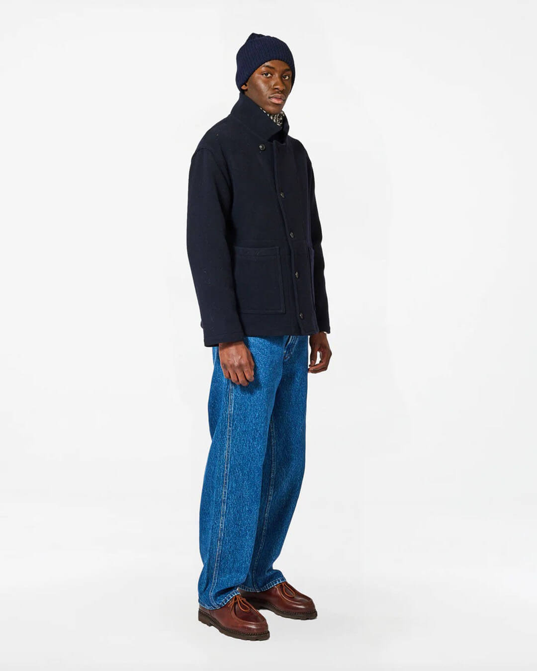 Veste Homecore Swit Wool Dark Navy en laine vierge bleu marine, coupe droite réversible avec grandes poches plaquées, fabriquée au Portugal