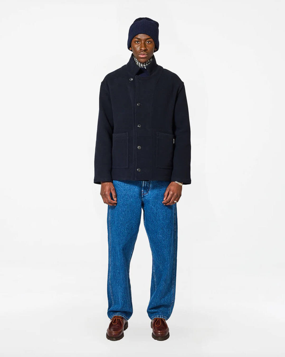 Veste Homecore Swit Wool Dark Navy en laine vierge bleu marine, coupe droite réversible avec grandes poches plaquées, fabriquée au Portugal