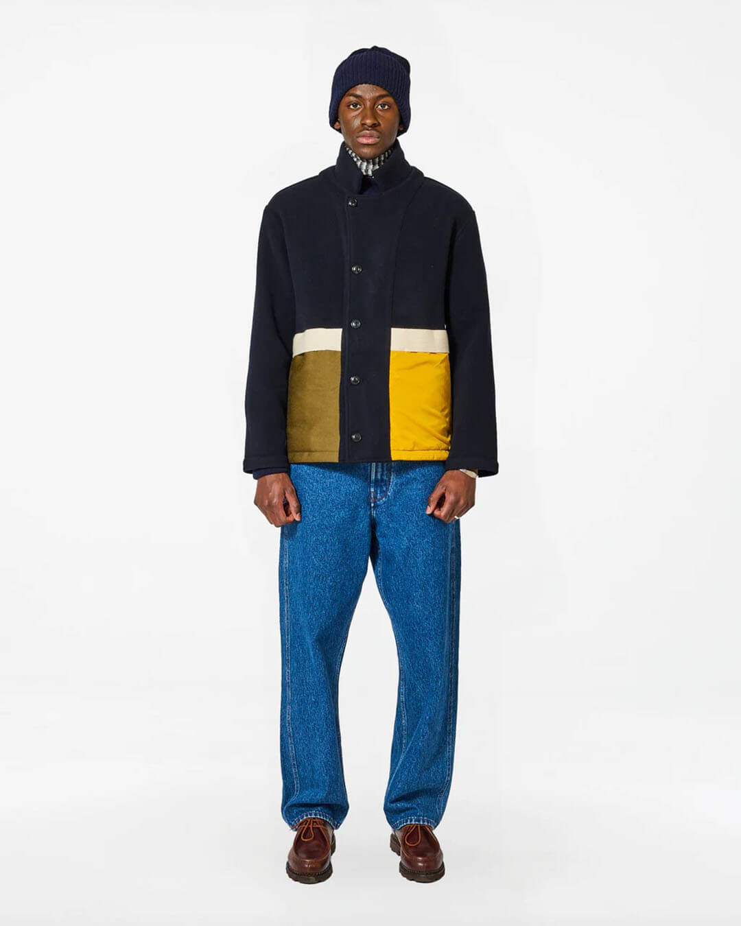 Veste Homecore Swit Wool Dark Navy en laine vierge bleu marine, coupe droite réversible avec grandes poches plaquées, fabriquée au Portugal
