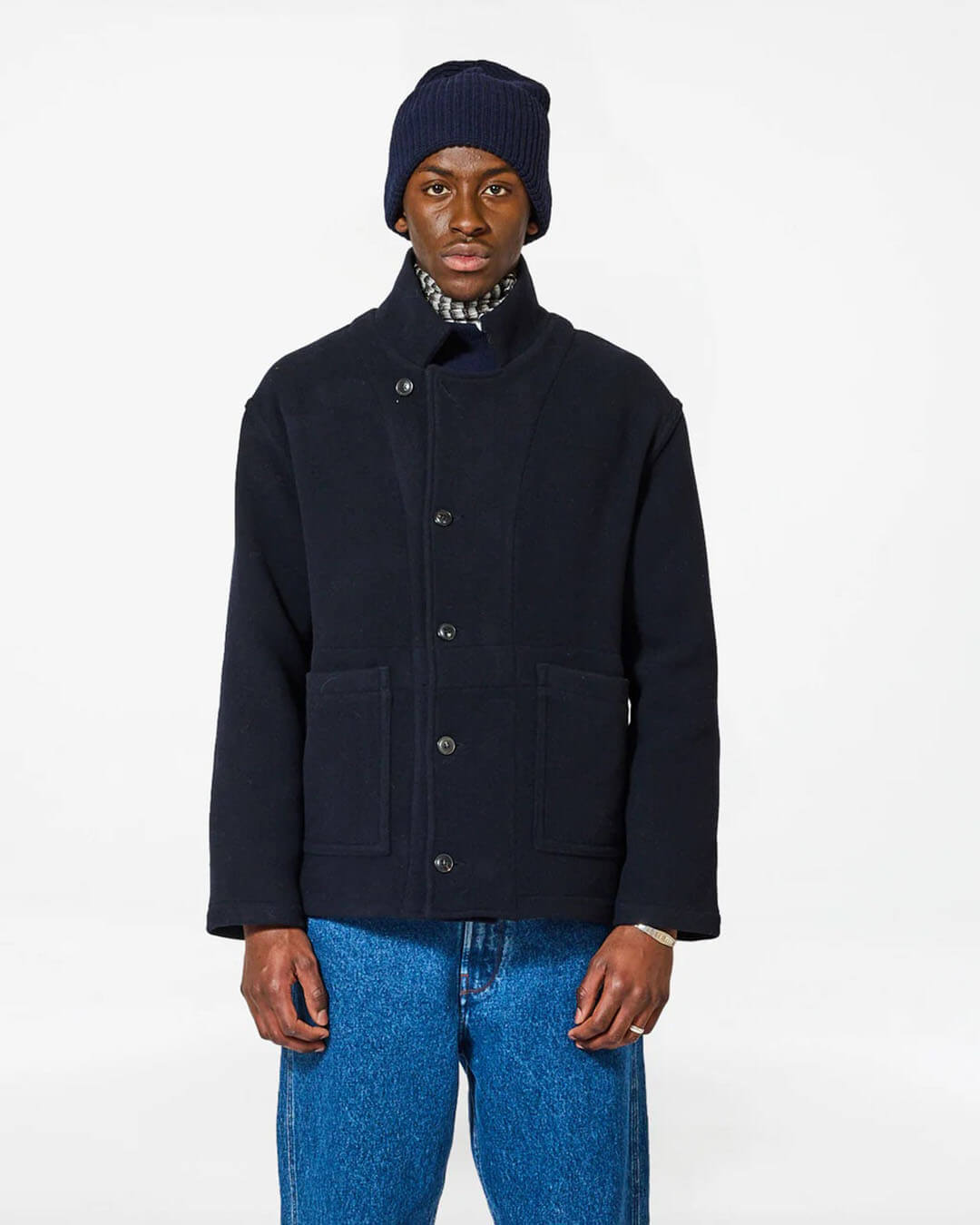 Veste Homecore Swit Wool Dark Navy en laine vierge bleu marine, coupe droite réversible avec grandes poches plaquées, fabriquée au Portugal