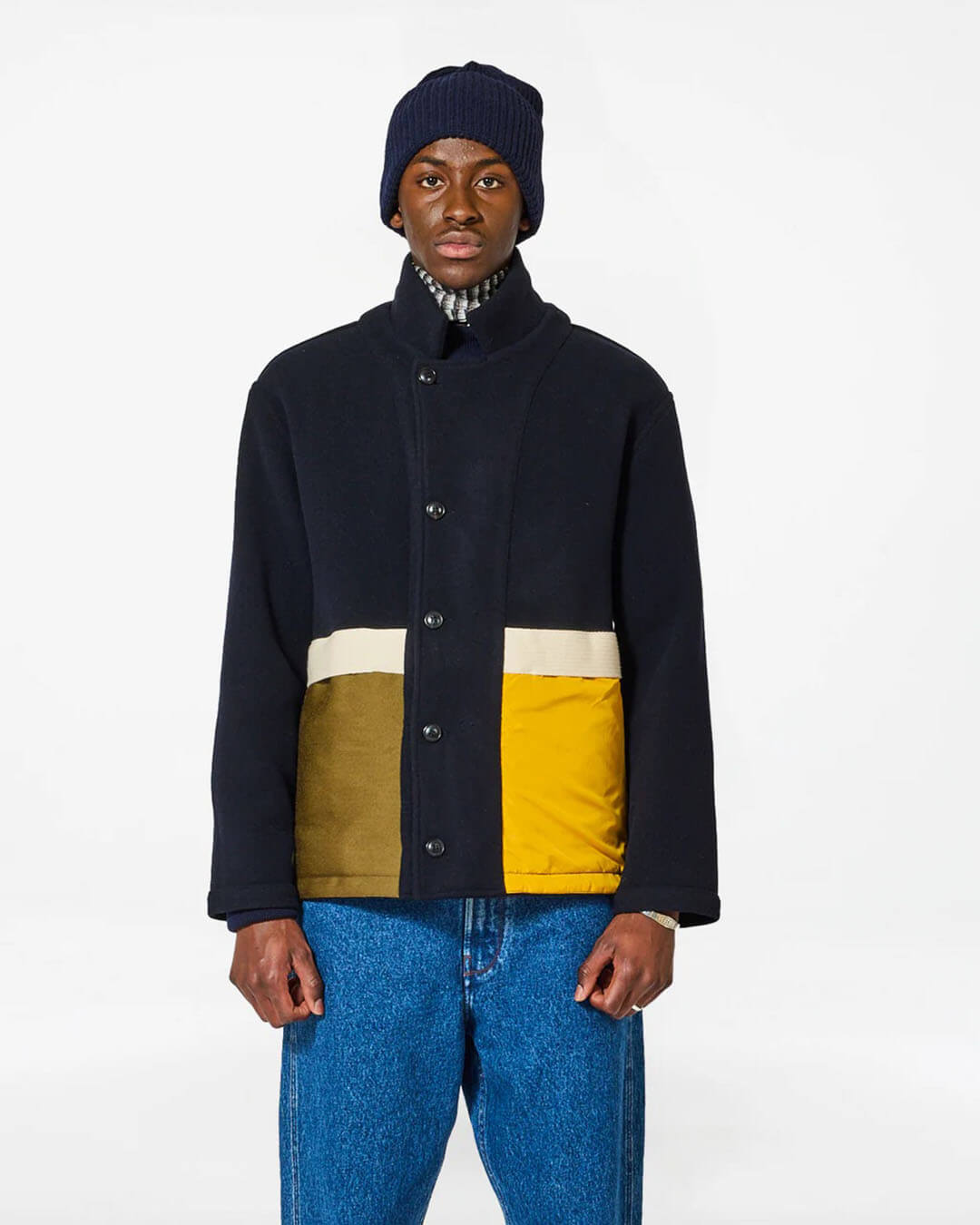 Veste Homecore Swit Wool Dark Navy en laine vierge bleu marine, coupe droite réversible avec grandes poches plaquées, fabriquée au Portugal