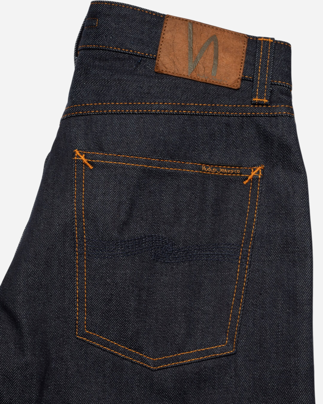Jean Nudie Jeans Rad Rufus Dry Dusk Selvage en denim coton organique 13 oz, coupe droite taille haute, indigo naturel