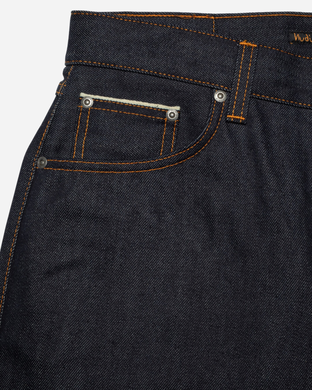 Jean Nudie Jeans Rad Rufus Dry Dusk Selvage en denim coton organique 13 oz, coupe droite taille haute, indigo naturel