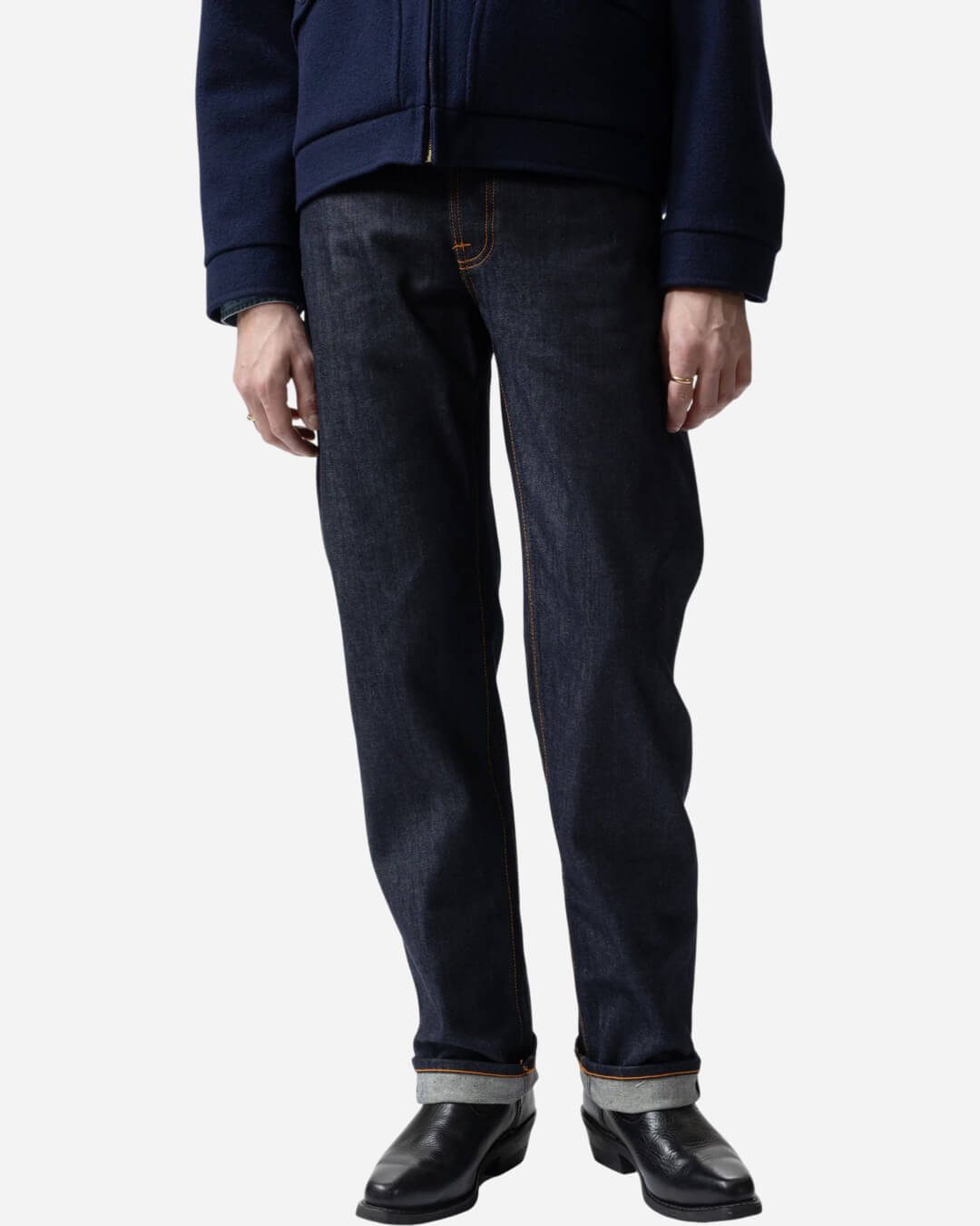 Jean Nudie Jeans Rad Rufus Dry Dusk Selvage en denim coton organique 13 oz, coupe droite taille haute, indigo naturel