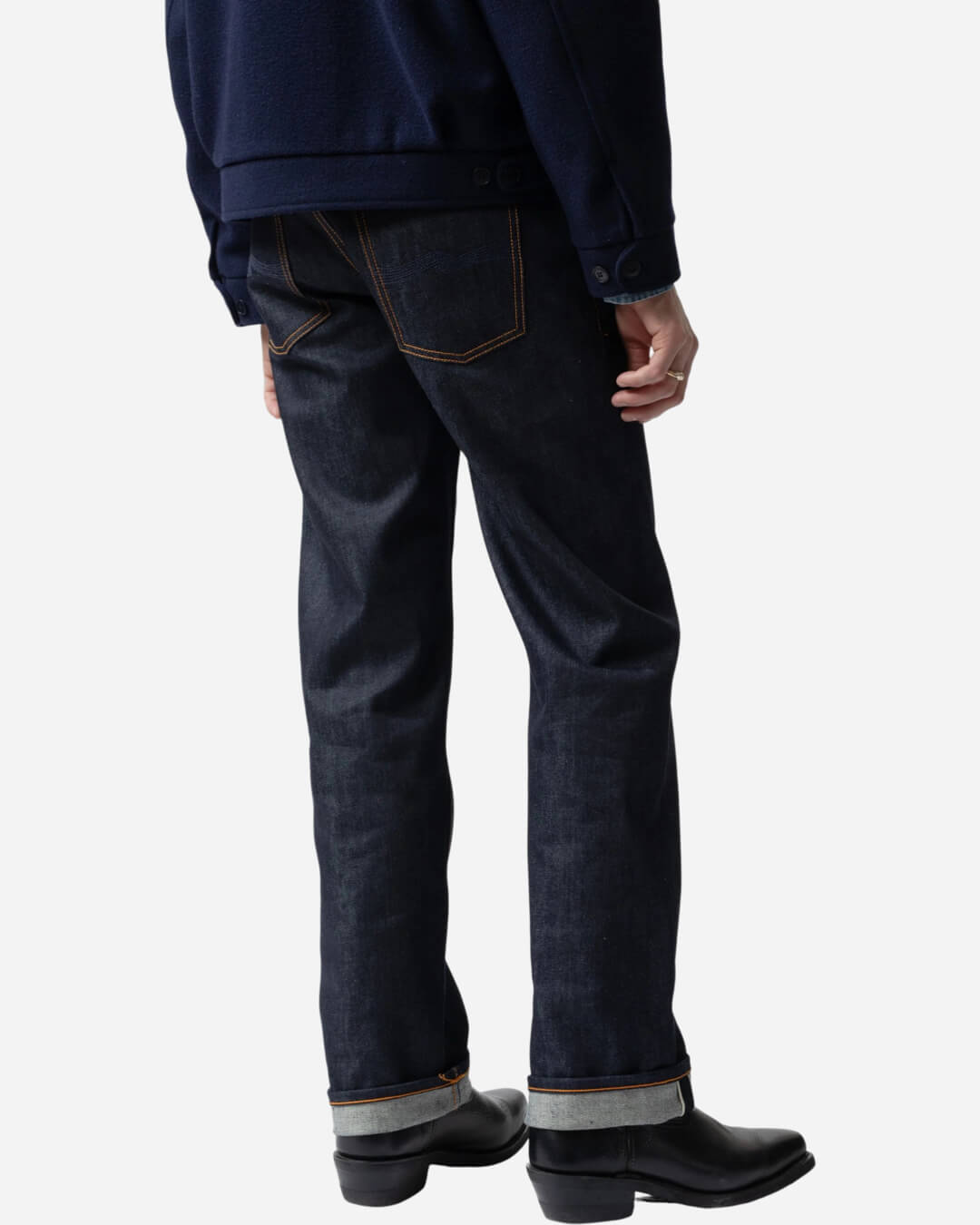 Jean Nudie Jeans Rad Rufus Dry Dusk Selvage en denim coton organique 13 oz, coupe droite taille haute, indigo naturel