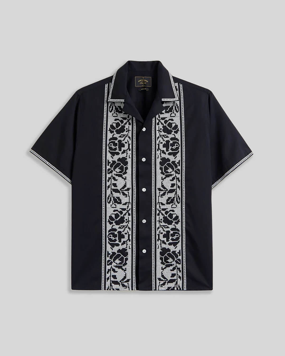 Chemise Cross Stitch Black Portuguese Flannel en coton léger avec broderie